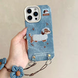 Cute Denim Blue Dachshund Embroidered iPhone Case - CREAMCY