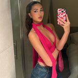 Halter deep V tie backless sleeveless solid color top - CREAMCY