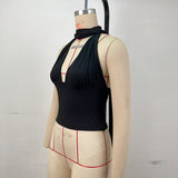 Halter deep V tie backless sleeveless solid color top - CREAMCY