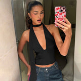 Halter deep V tie backless sleeveless solid color top - CREAMCY