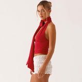 Halter deep V tie backless sleeveless solid color top - CREAMCY