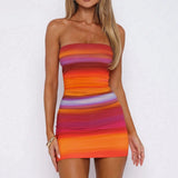 Summer rainbow print sexy tube top pleated waist hip dress nightclub dress - CREAMCY