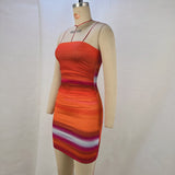 Summer rainbow print sexy tube top pleated waist hip dress nightclub dress - CREAMCY
