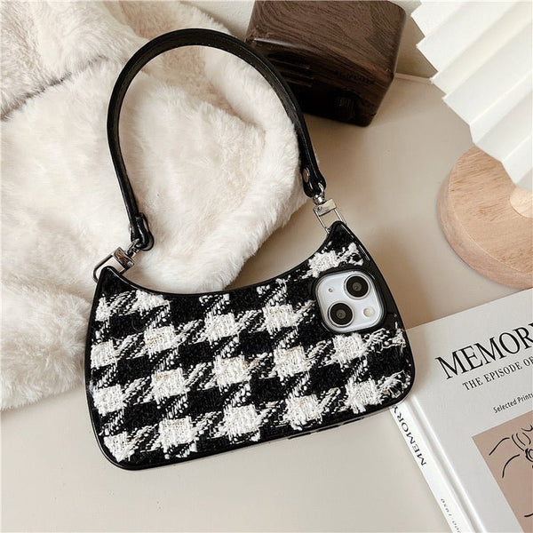 Embroidered Black White Checkered Handbag iPhone Case - Creamcy Cases