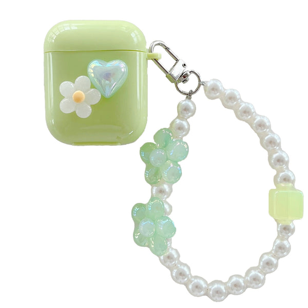 Green Flower AirPods Case With Pearl Chain - Creamcy Cases