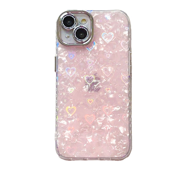 Pink Bling Bling Rainbow Heart iPhone Case w/ Crystal Lens Protector - CREAMCY