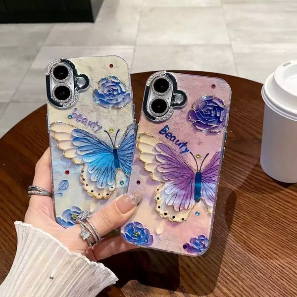 Retro Oil Painting Blue Purple Butterfly iPhone Case