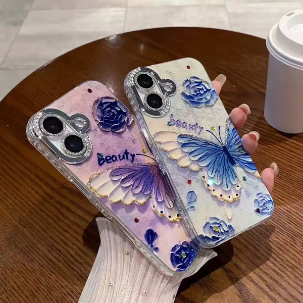 Retro Oil Painting Blue Purple Butterfly iPhone Case