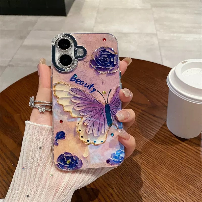 Retro Oil Painting Blue Purple Butterfly iPhone Case