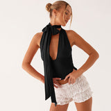 Halter deep V tie backless sleeveless solid color top