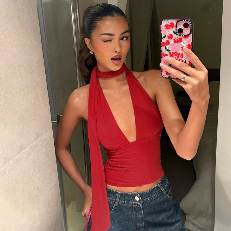 Halter deep V tie backless sleeveless solid color top