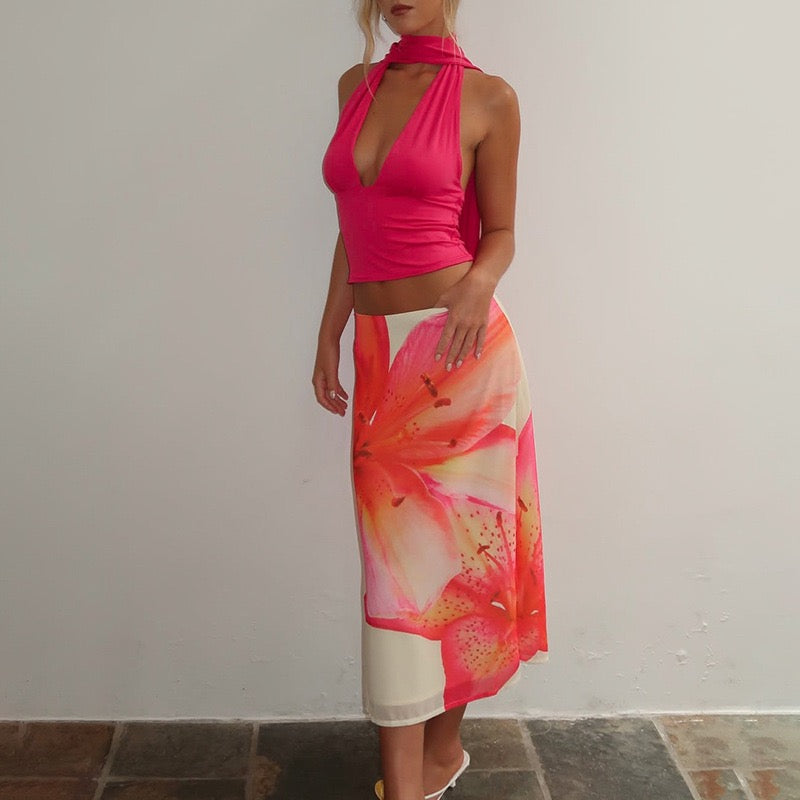 Halter deep V tie backless sleeveless solid color top