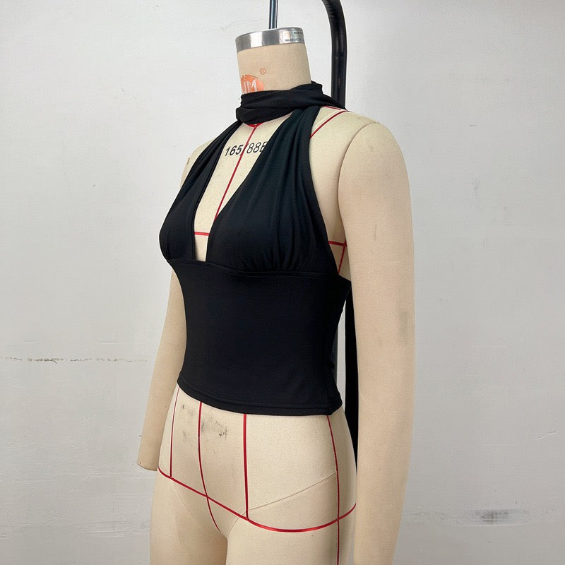 Halter deep V tie backless sleeveless solid color top