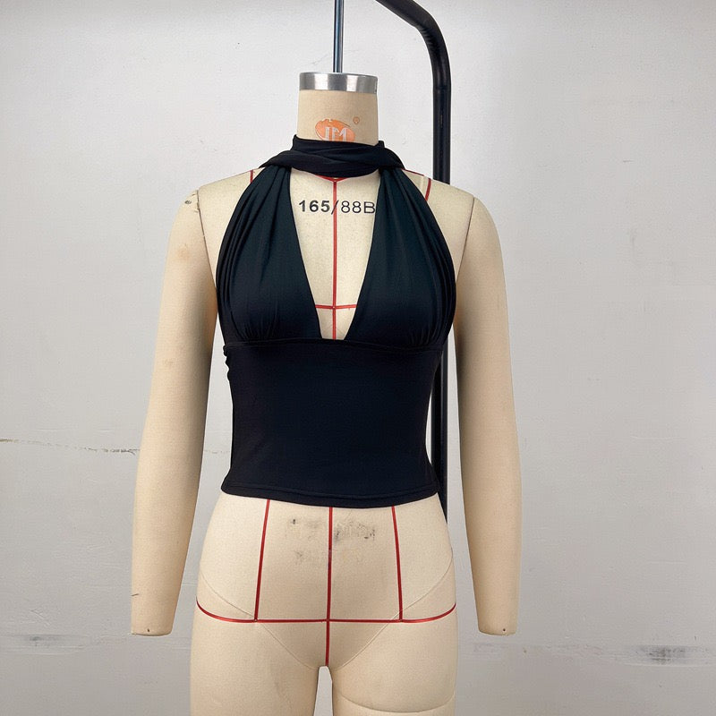 Halter deep V tie backless sleeveless solid color top