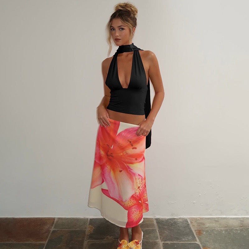 Halter deep V tie backless sleeveless solid color top