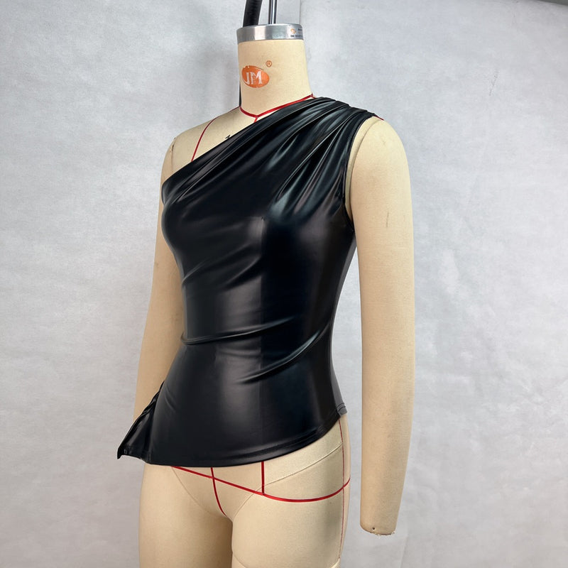 Single shoulder sleeveless vest solid color slim-fitting diagonal neck zipper slim top