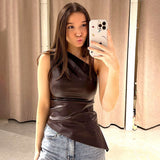 Single shoulder sleeveless vest solid color slim-fitting diagonal neck zipper slim top