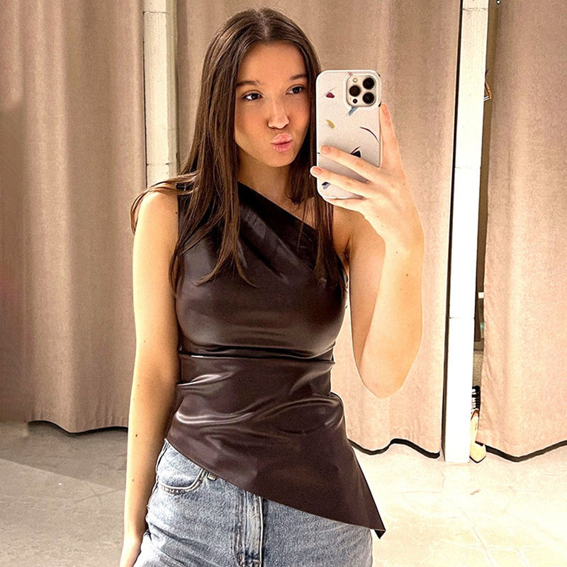 Single shoulder sleeveless vest solid color slim-fitting diagonal neck zipper slim top