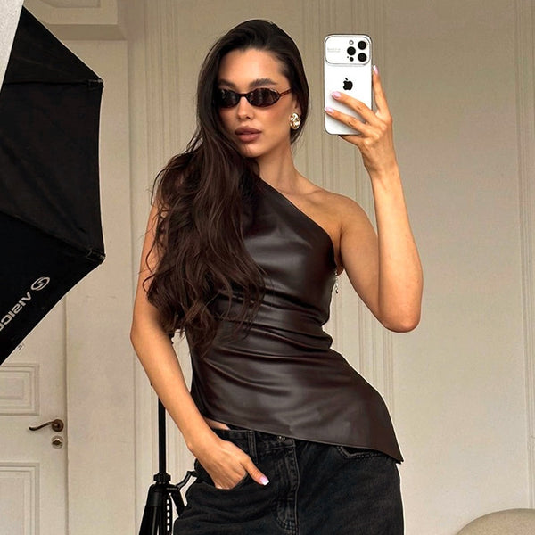 Single shoulder sleeveless vest solid color slim-fitting diagonal neck zipper slim top
