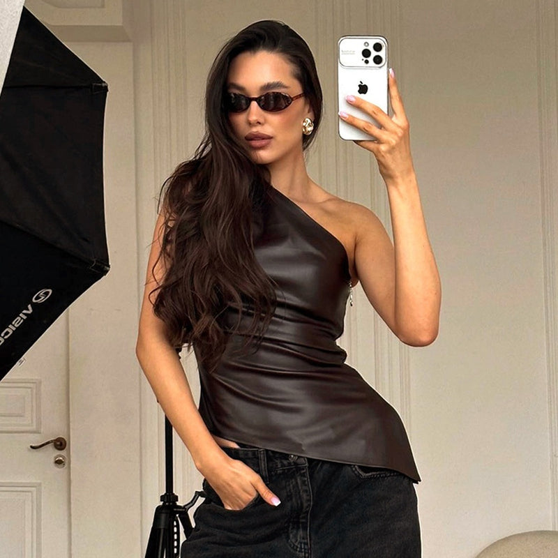 Single shoulder sleeveless vest solid color slim-fitting diagonal neck zipper slim top