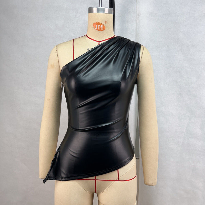 Single shoulder sleeveless vest solid color slim-fitting diagonal neck zipper slim top