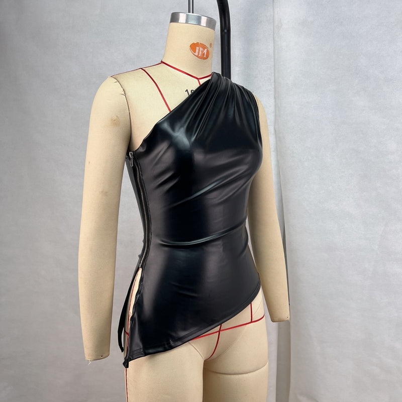 Single shoulder sleeveless vest solid color slim-fitting diagonal neck zipper slim top