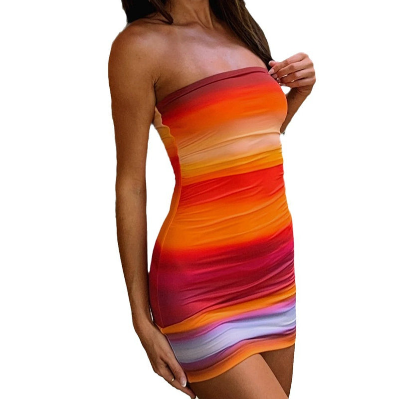Summer rainbow print sexy tube top pleated waist hip dress nightclub dress