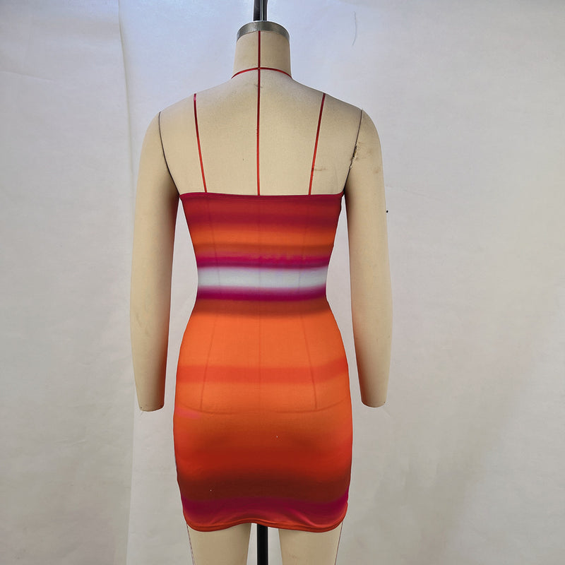Summer rainbow print sexy tube top pleated waist hip dress nightclub dress