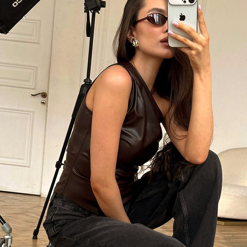 Single shoulder sleeveless vest solid color slim-fitting diagonal neck zipper slim top