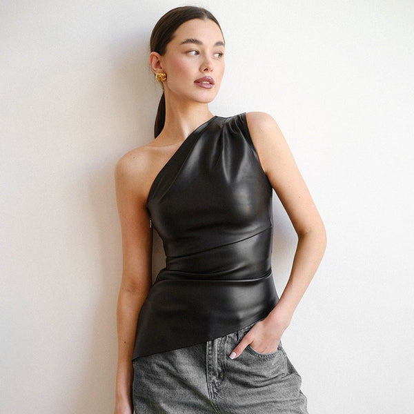 Single shoulder sleeveless vest solid color slim-fitting diagonal neck zipper slim top
