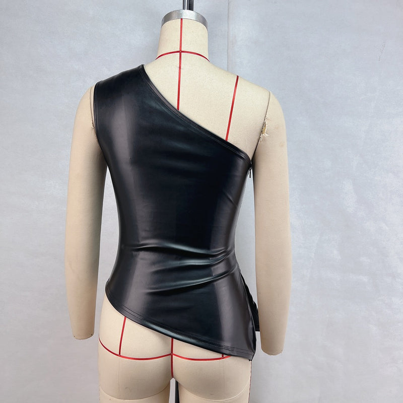 Single shoulder sleeveless vest solid color slim-fitting diagonal neck zipper slim top
