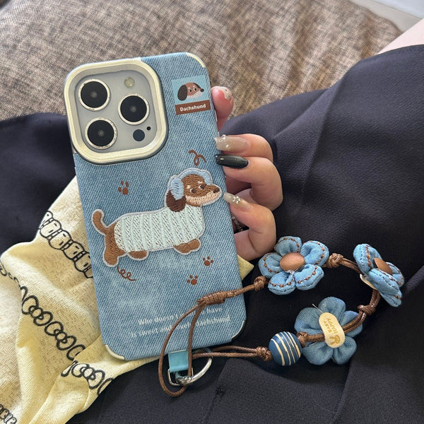 Cute Denim Blue Dachshund Embroidered iPhone Case - CREAMCY