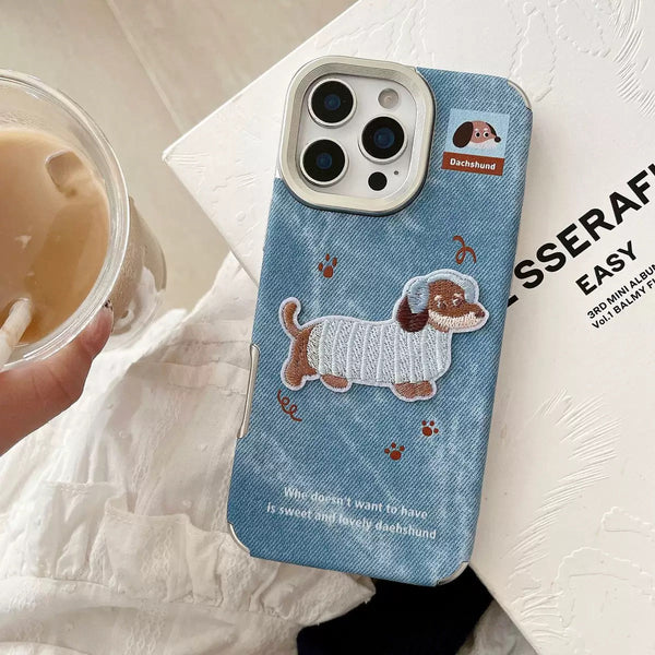 Cute Denim Blue Dachshund Embroidered iPhone Case - CREAMCY