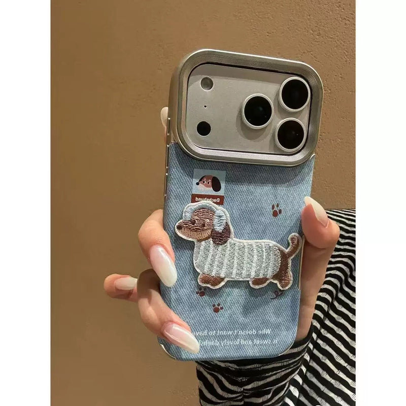 Cute Denim Blue Dachshund Embroidered iPhone Case - CREAMCY