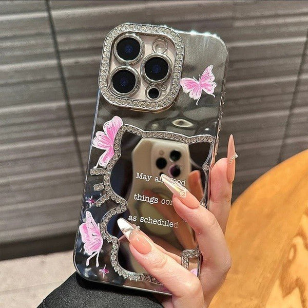 Laser Kitty Mirror With Pink Butterfly iPhone Case - CREAMCY