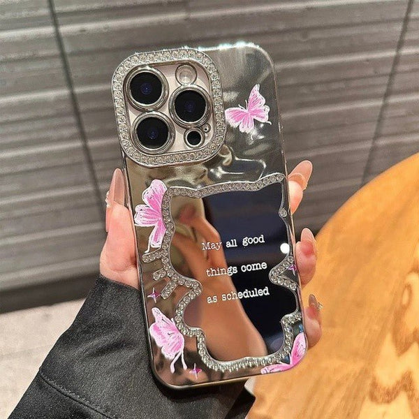 Laser Kitty Mirror With Pink Butterfly iPhone Case - CREAMCY