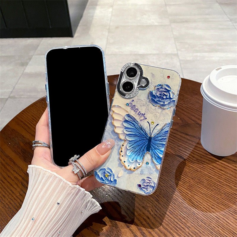Retro Oil Painting Blue Purple Butterfly iPhone Case - CREAMCY
