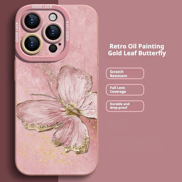 Retro Oil Painting Gold Leaf Butterfly iPhone Case - CREAMCY