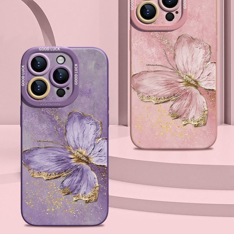 Retro Oil Painting Gold Leaf Butterfly iPhone Case - CREAMCY