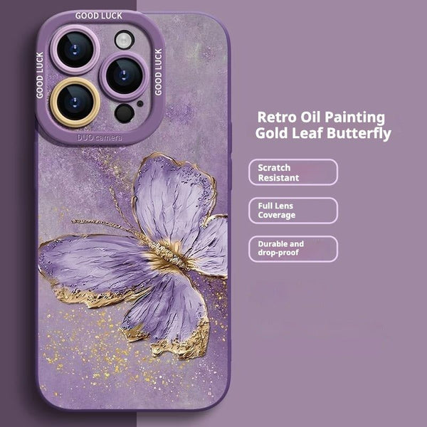 Retro Oil Painting Gold Leaf Butterfly iPhone Case - CREAMCY