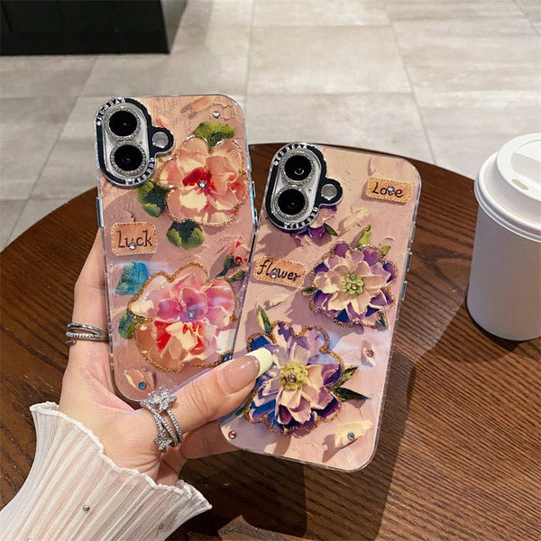 Rose Glow Painting iPhone Case w/ Crystal Lens Protector - CREAMCY