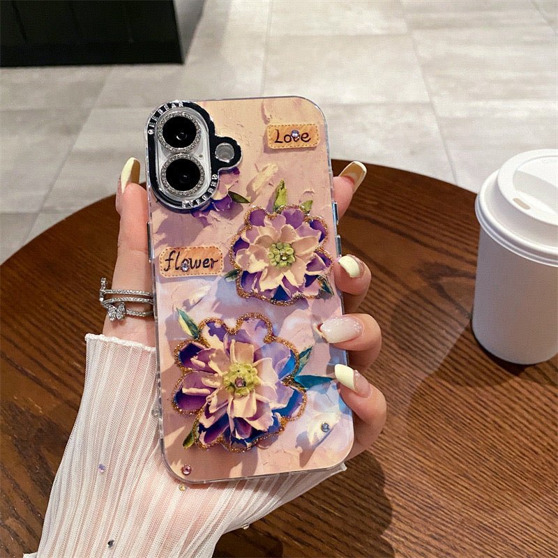 Rose Glow Painting iPhone Case w/ Crystal Lens Protector - CREAMCY