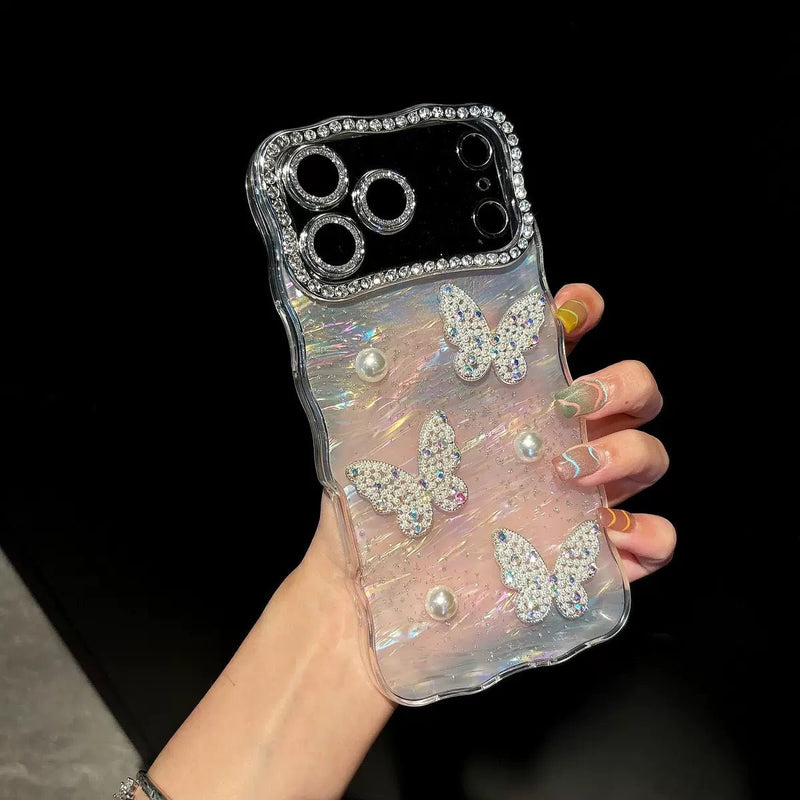 Sparkling Butterfly Pearl Embellished iPhone Case - CREAMCY