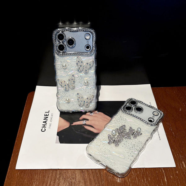 Sparkling Butterfly Pearl Embellished iPhone Case - CREAMCY