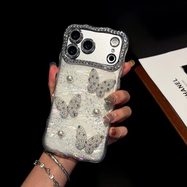 Sparkling Butterfly Pearl Embellished iPhone Case - CREAMCY