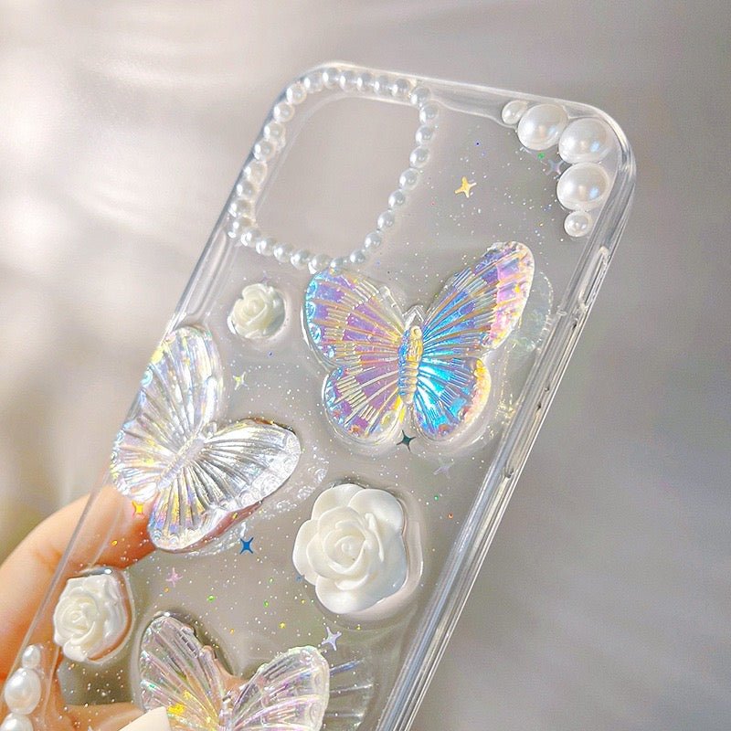 3D Butterfly & Pearl Glitter iPhone Case - Creamcy Cases