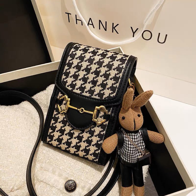 Creamcy Houndstooth Purse Shoulder Bag With Rabbit Doll - Creamcy Cases