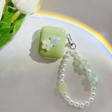 Green Flower AirPods Case With Pearl Chain - Creamcy Cases